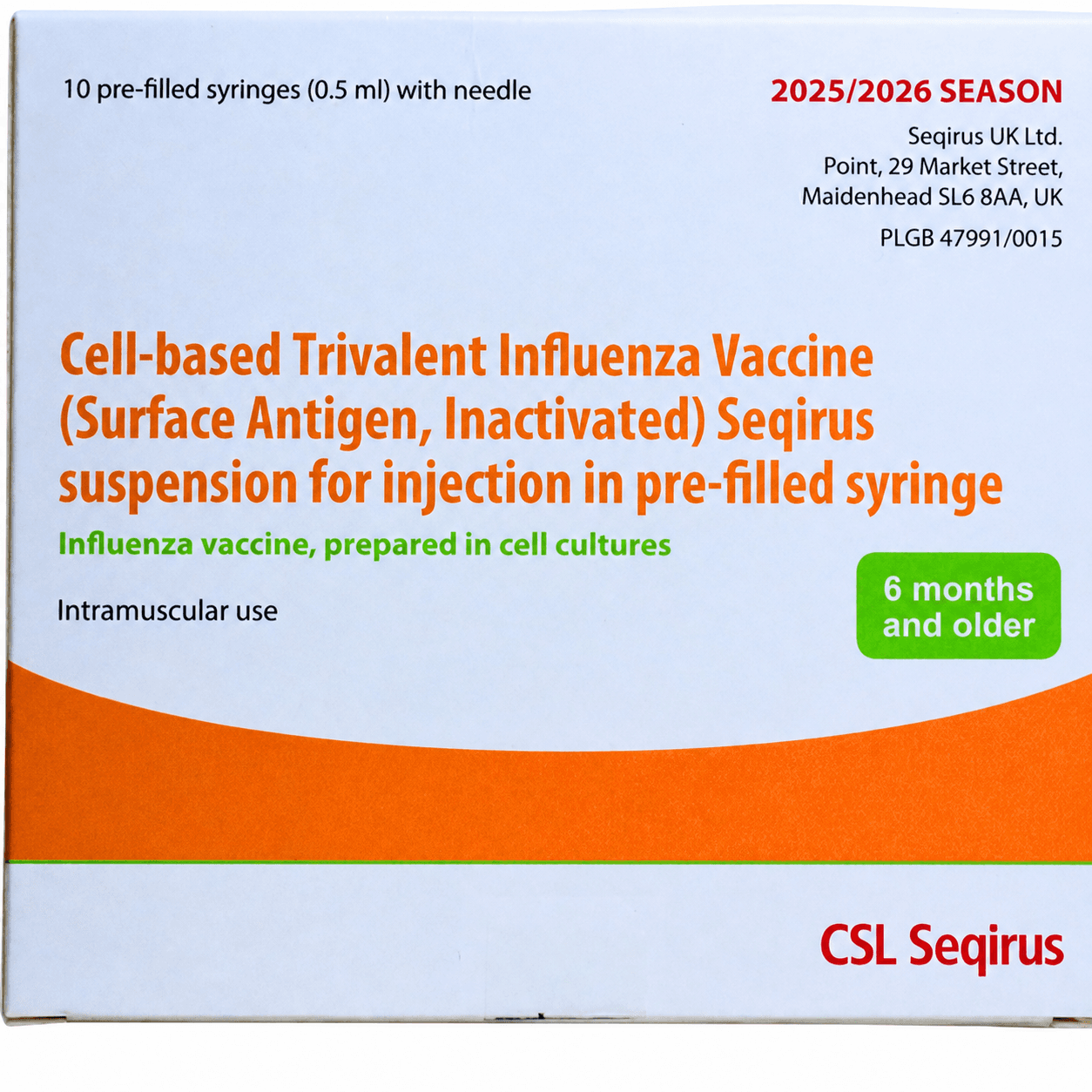 Seqirus cell-based trivalent influenza vaccine carton